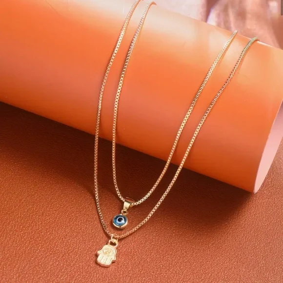 18K Gold Plated Layered Evil Eye & Hamsa Hand Necklace Set NIP - Picture 4 of 6